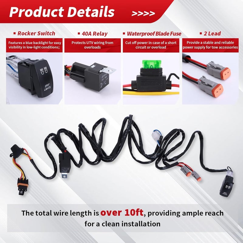 Solvrex UTV Spot Light Wiring Harness with Plug & Play Pulse Busbar Connector DT Plug Compatible with Polaris RZR Ranger General, 16AWG 2 Lead Pod Light Rocker Switch - Image 2